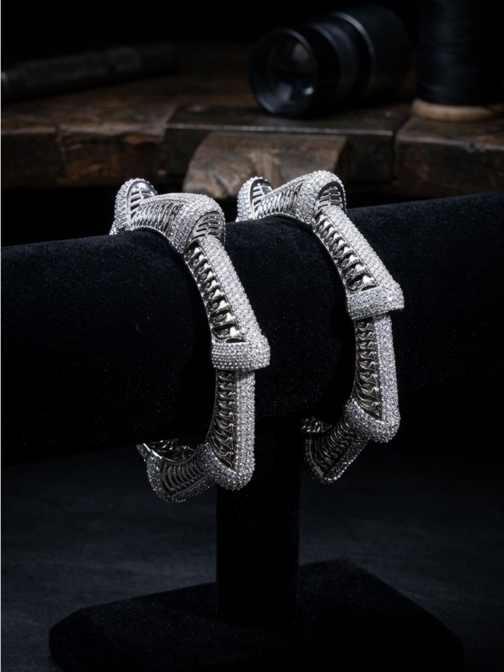 18k Gold Plated American Diamonds (Zirconia)Silver Tone bangle Bracelet set